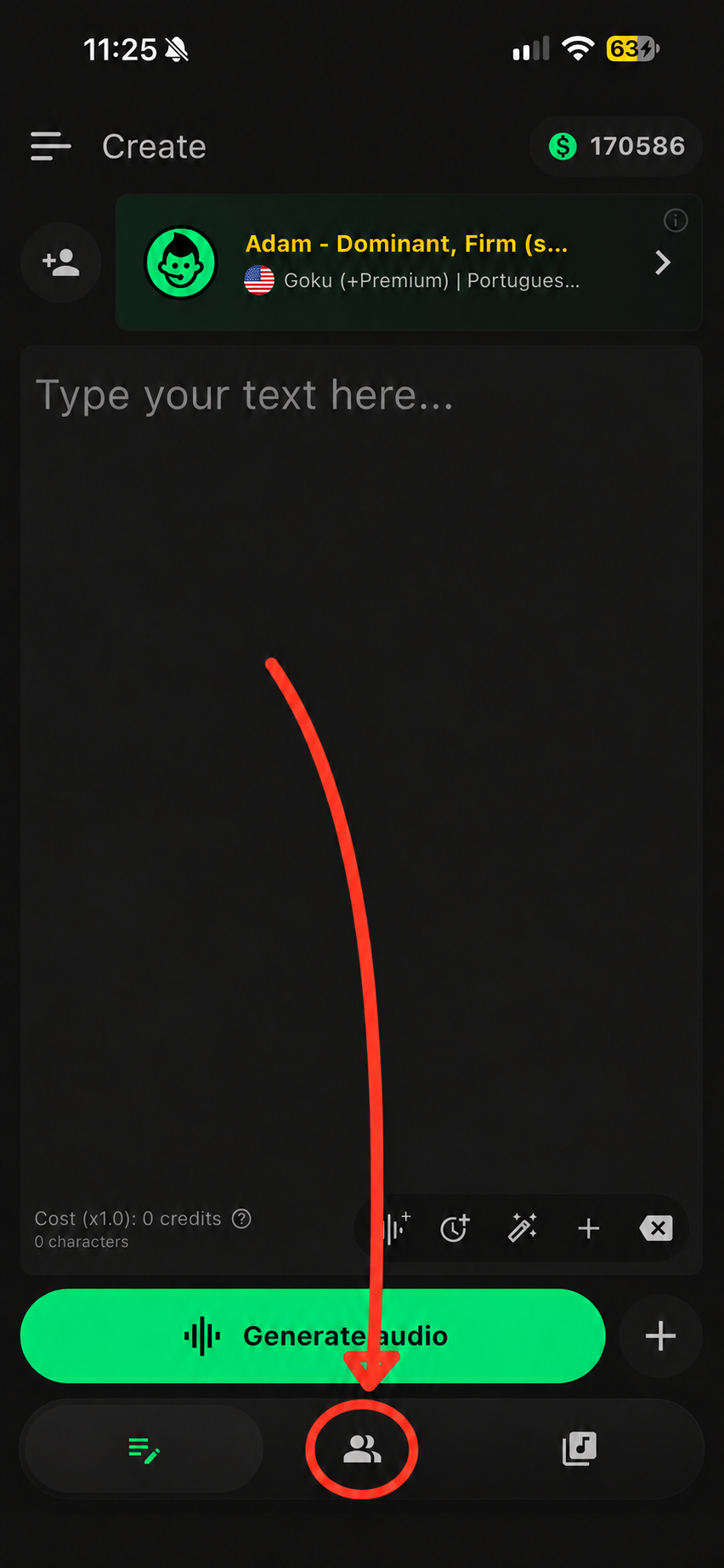 Narrator's Voice Create screen, with a red arrow pointing to the two-person icon in the bottom bar.