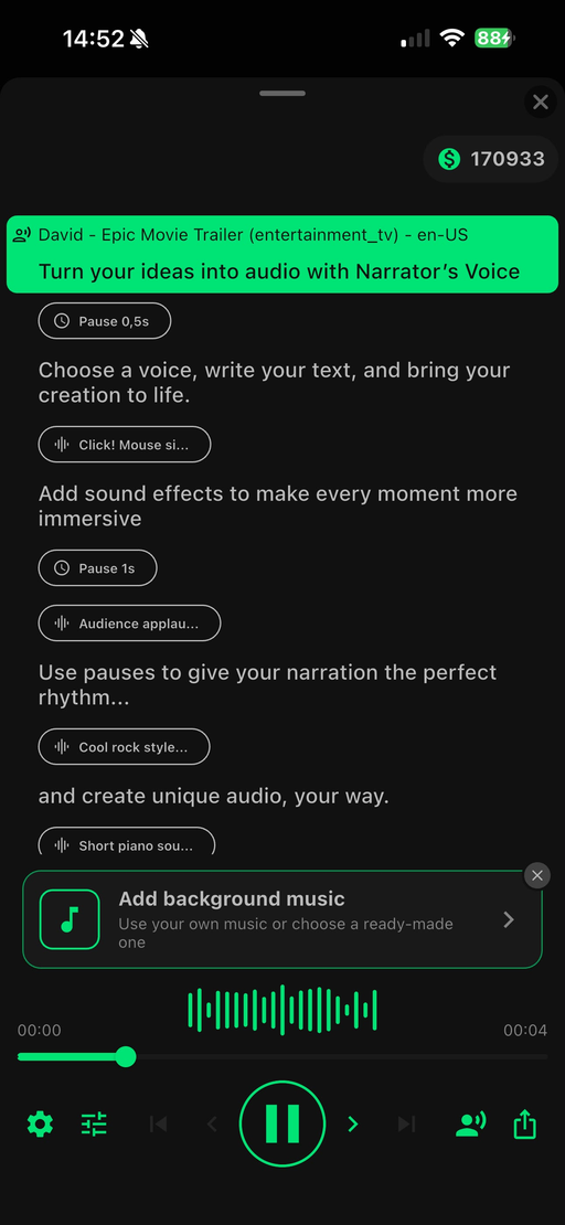 Playing the generated audio, with the option to add background music