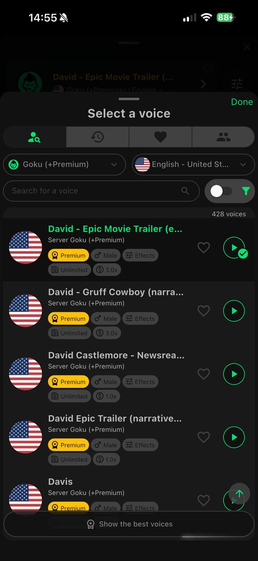 Voice picker with search and filters